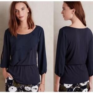 Deletta Anthropologie Navy Alee Ruffle Split Sleeve Blouse Top Women's Medium
